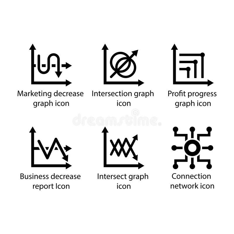 A collection of icons Decrease, Intersection graph, decrease, Intersect graph, Connection network, Hierarchy structure, icon. Decrease line icons vectors
