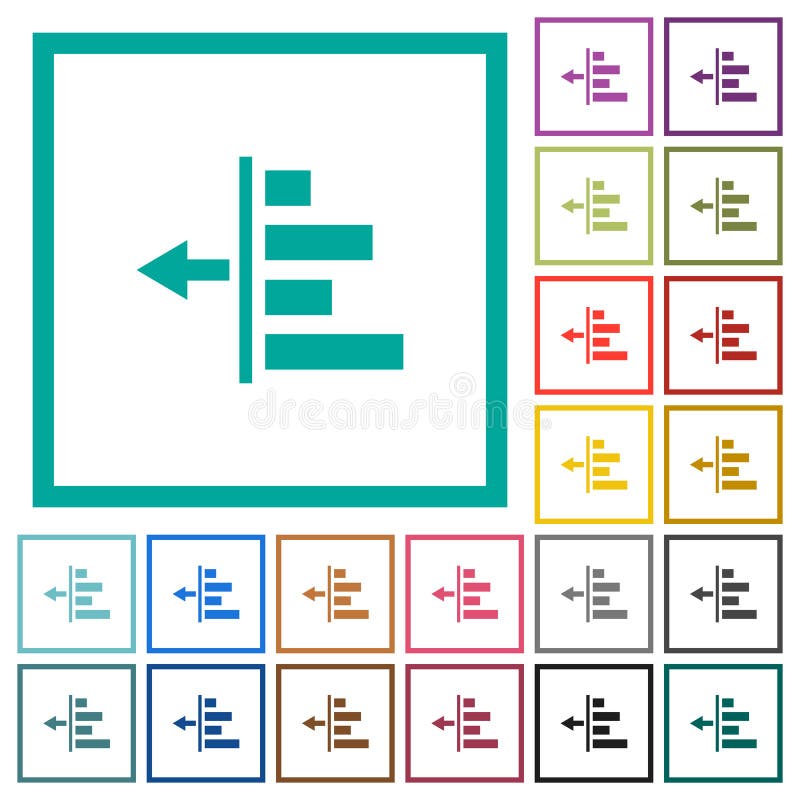 Decrease left indentation of content flat color icons with quadrant frames on white background. Flat decrease vectors