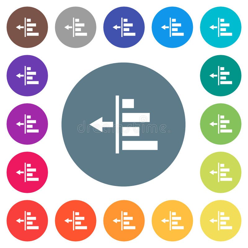 Decrease left indentation of content flat white icons on round color backgrounds. 17 background color variations are included. Flat decrease vectors