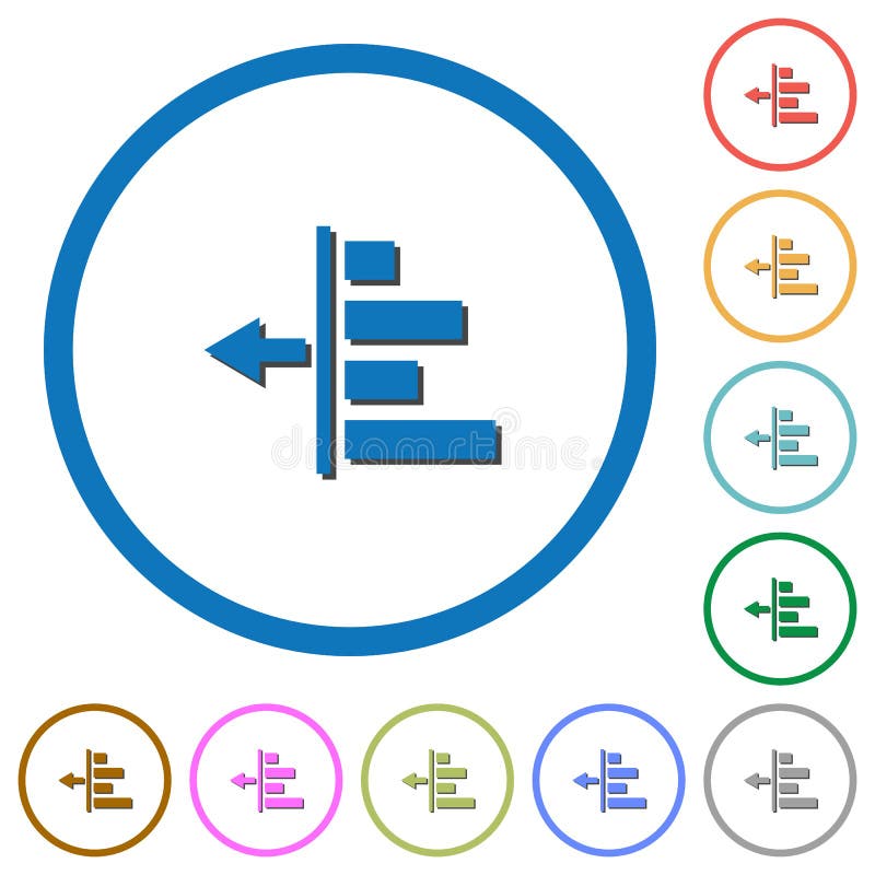 Decrease left indentation of content flat color vector icons with shadows in round outlines on white background. Flat decrease vectors