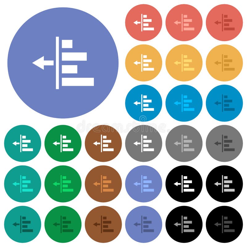 Decrease left indentation of content multi colored flat icons on round backgrounds. Included white, light and dark icon variations for hover and active status effects, and bonus shades on black backgounds. Black decrease vectors