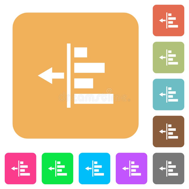 Decrease left indentation of content flat icons on rounded square vivid color backgrounds. Flat decrease vectors