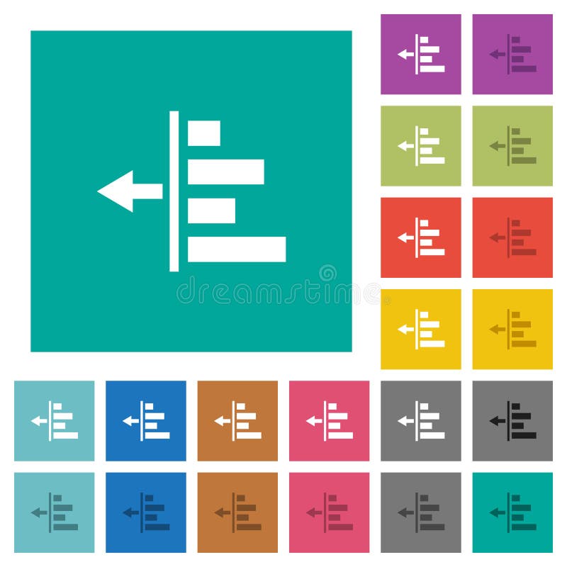 Decrease left indentation of content multi colored flat icons on plain square backgrounds. Included white and darker icon variations for hover or active effects. Flat decrease vectors