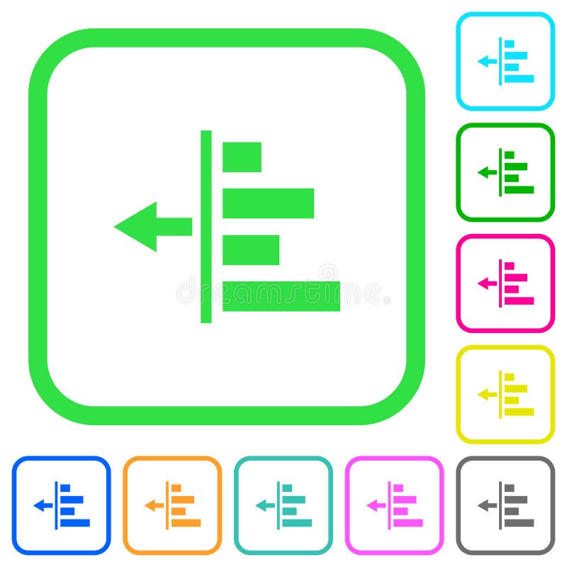 Decrease left indentation of content vivid colored flat icons in curved borders on white background. Flat decrease vectors