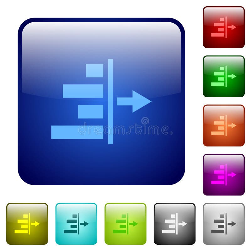 Decrease right indentation of content icons in rounded square color glossy button set. Black decrease vectors