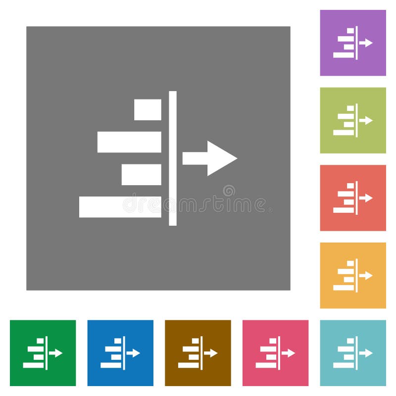 Decrease right indentation of content flat icons on simple color square backgrounds. Flat decrease vectors