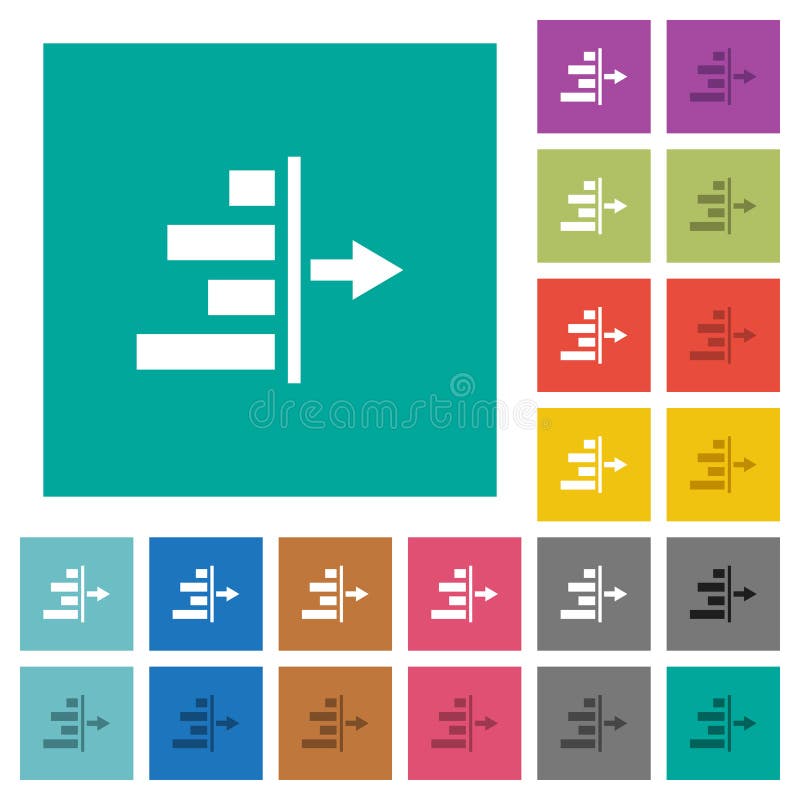 Decrease right indentation of content multi colored flat icons on plain square backgrounds. Included white and darker icon variations for hover or active effects. Flat decrease vectors