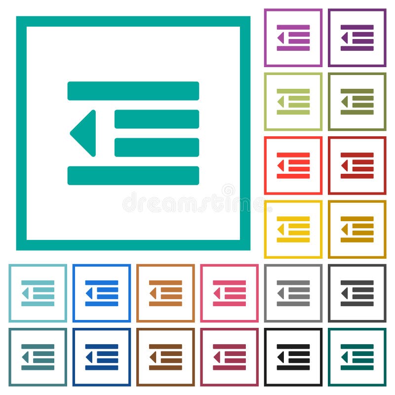 Decrease text indentation flat color icons with quadrant frames on white background. Text decrease vectors
