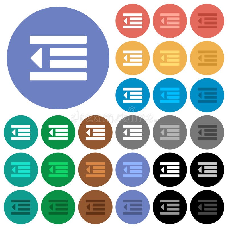 Decrease text indentation multi colored flat icons on round backgrounds. Included white, light and dark icon variations for hover and active status effects, and bonus shades on black backgounds. Text decrease vectors
