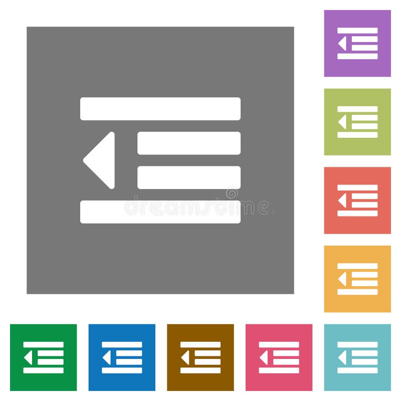 Decrease text indentation flat icons on simple color square backgrounds. Text decrease vectors