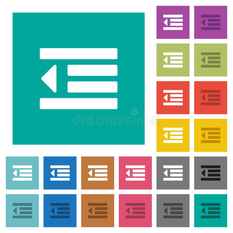 Decrease text indentation multi colored flat icons on plain square backgrounds. Included white and darker icon variations for hover or active effects. Text decrease vectors