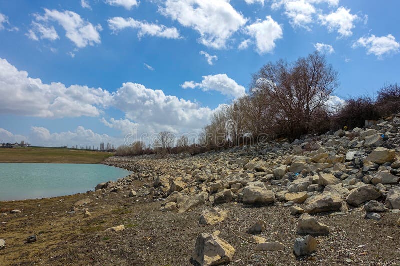 Decrease in the water levels of the dams as a result of drought, the consequences of drought are drought. Water decrease stock images, royalty-free photos and pictures