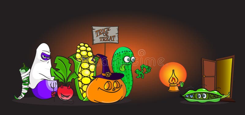 Deden schrikken de beeldverhaal levende Groenten in Halloween-kostuums truc-of-behandelt voor kleine erwten stock illustratie Deden schrikken de beeldverhaal levende Groenten in Halloween-kostuums truc-of-behandelt voor kleine erwten stock illustratie