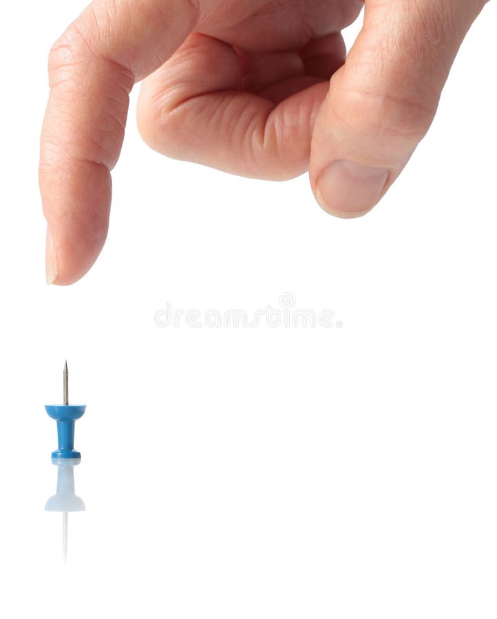 Hand with index finger about to connect with push pin (Isolated on white). Hand with index finger about to connect with push pin (Isolated on white)