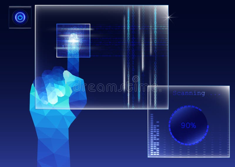 Dedo poligonal que toca na tela transparente e que faz a varredura da impressão digital, conceito de sistema biométrico futurista ilustração stock Dedo poligonal que toca na tela transparente e que faz a varredura da impressão digital, conceito de sistema biométrico futurista ilustração stock