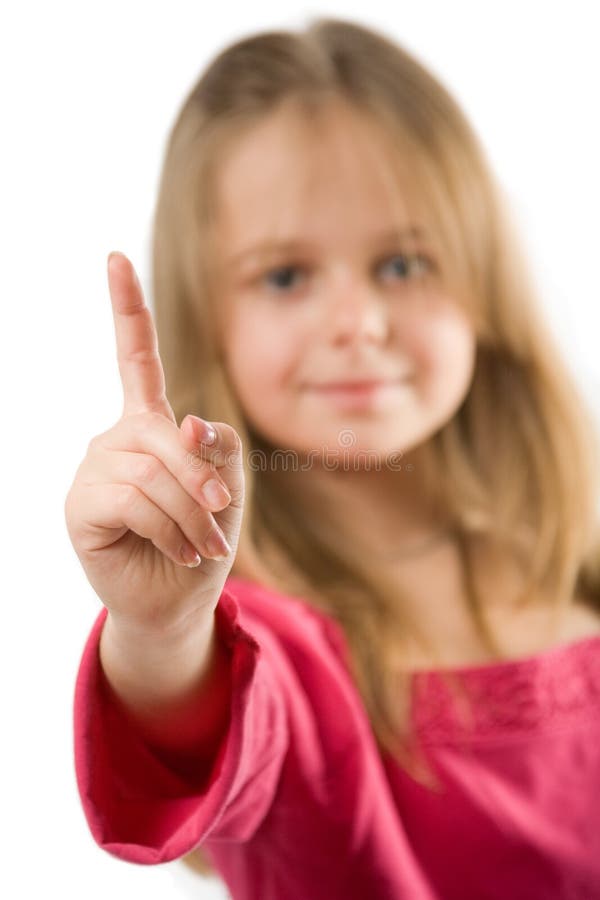 Adorable little girl holding index finger up, isolated on white. Adorable little girl holding index finger up, isolated on white