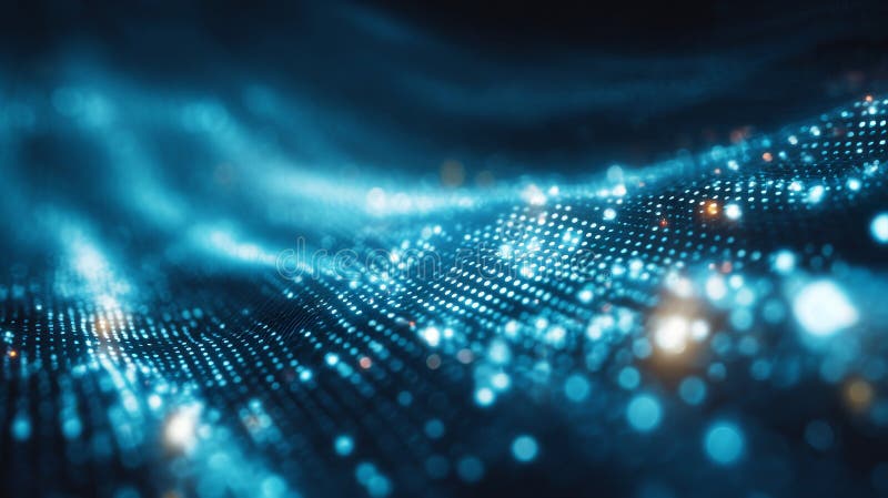 A deep blue abstract wave pattern composed of glowing binary code stock image