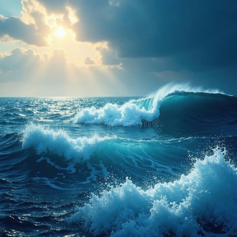 Deep blue abyss meets dramatic sky, whitecaps dance, open, calm, sea vector illustration