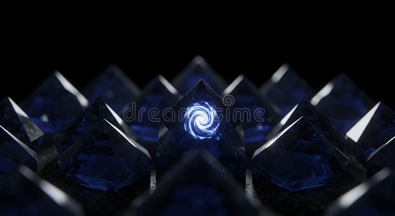Deep blue crystal pyramids glow with a light vortex stock illustration
