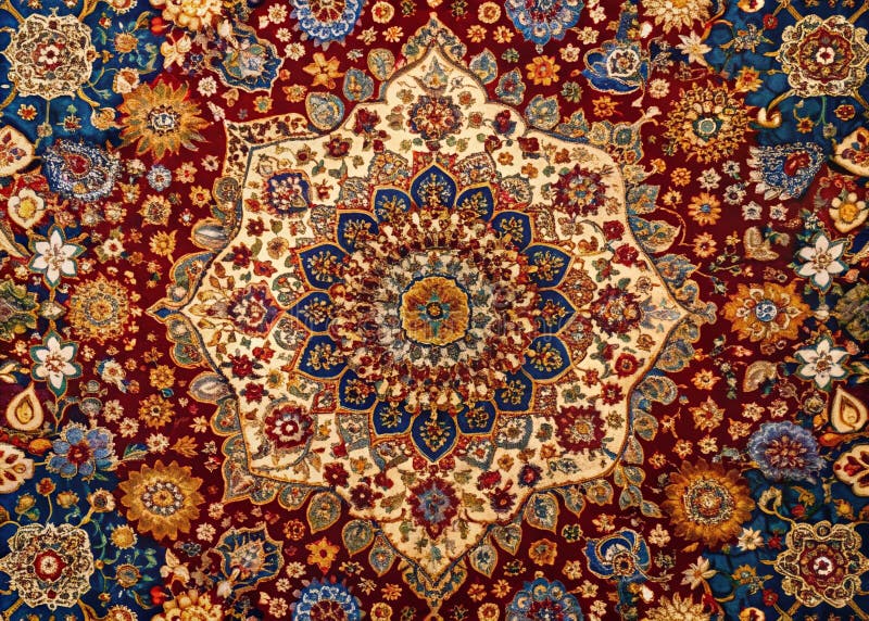 A Deep Dive into the Exquisite Detail of a Traditional Persian Carpet Unveiling the Intricate Patterns and stock illustration