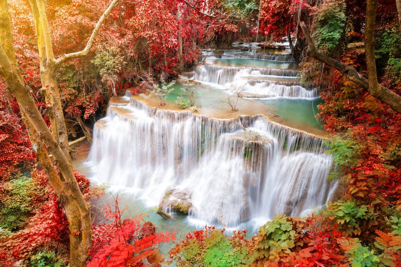 Deep forest waterfall in autumn scene at Huay Mae Kamin waterfall National Park Kanjanaburi Thailand