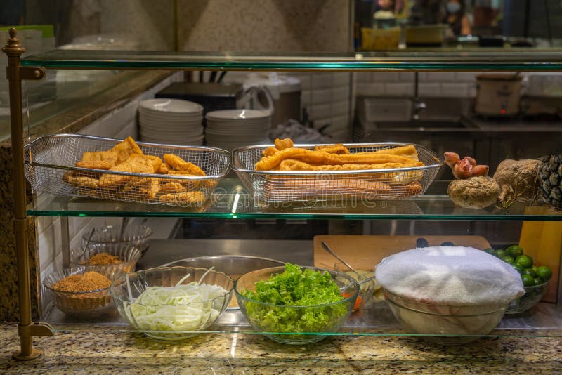 Deep Fried Bread Sticks and Ingredients in Chinese Noodle Restaurant