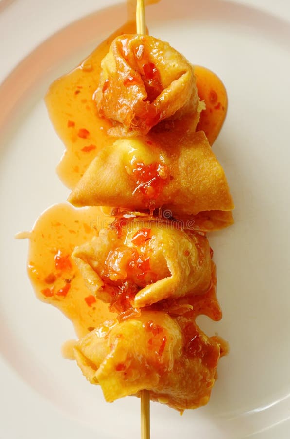 Deep Fried Dumpling Paste Wrapped Quail Egg Stab in Wooden Stick Dressing Sweet Chili Sauce