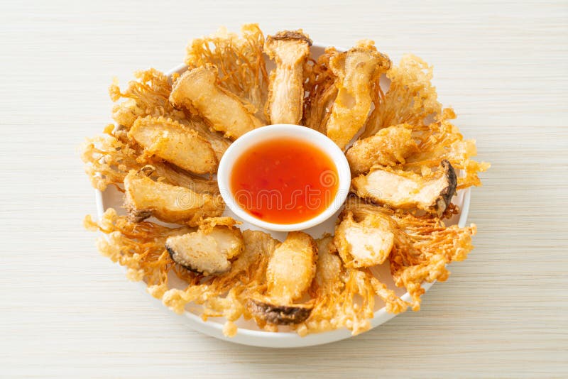 Deep Fried Enoki Mushroom and King Oyster Mushroom with Spicy Dipping Sauce Stock Image Image