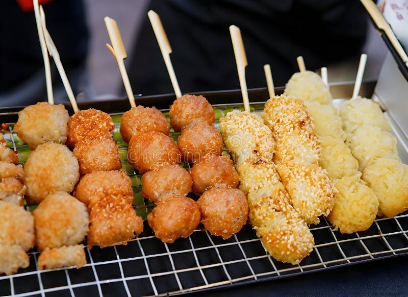 Deep Fried Fish Ball with Sesame Seeds on the Street Food Market Stock