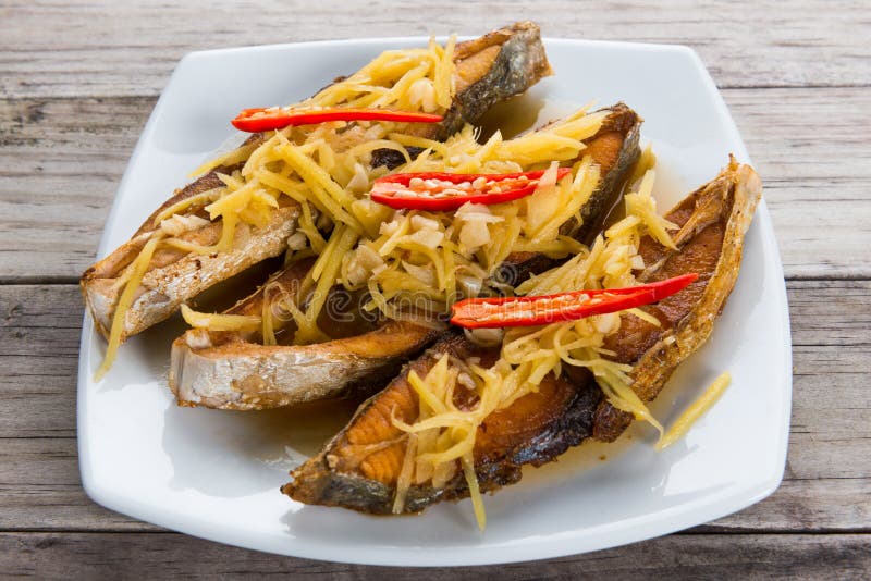 Deep Fried Fish with Ginger and Soy Sauce Stock Photo Image of celery