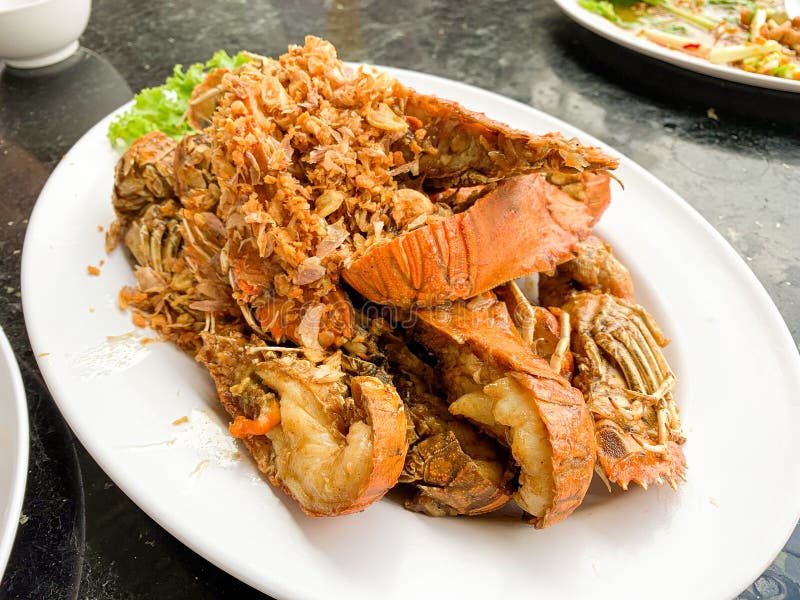 Deep Fried Mantis Shrimp with Garlic and Pepper in White Plate Stock