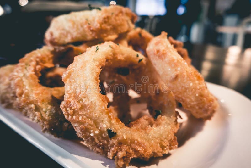 Deep Fried Onion Ring Serve Along Side Pizza Stock Photo Image of