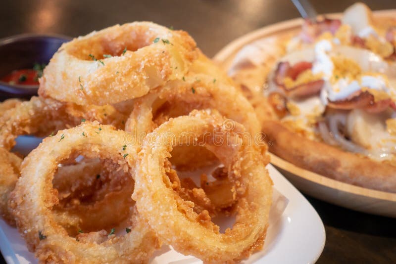 Deep Fried Onion Ring Serve with Pizza Stock Photo Image of fast