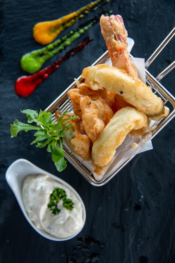 Deep Fried Seafood in a Basket Stock Image - Image of dinner, deep ...