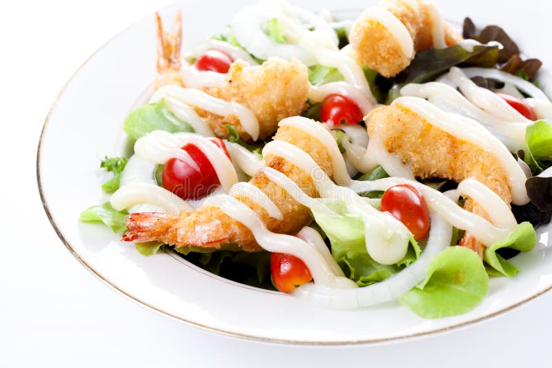 Deep fried shrimp with salad and mayonnaise