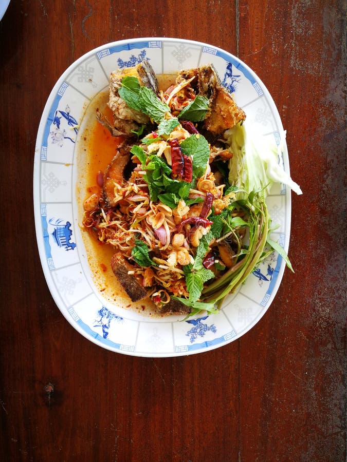 Deep fried spicy Snakehead Fish running in garden stock image Deep fried spicy Snakehead Fish running in garden stock image
