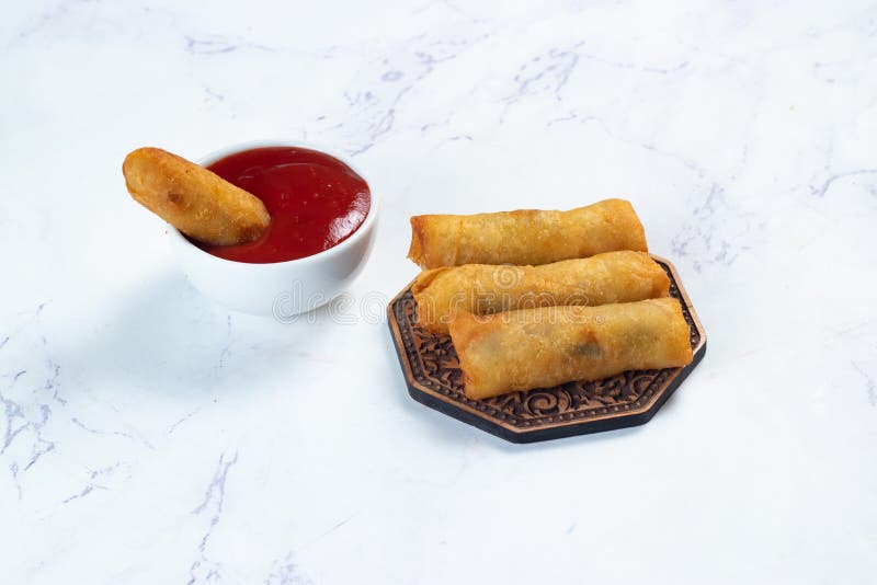 Deep Fried Spring Roll with Tomato Sauce and Mayo Dip Served in Dish