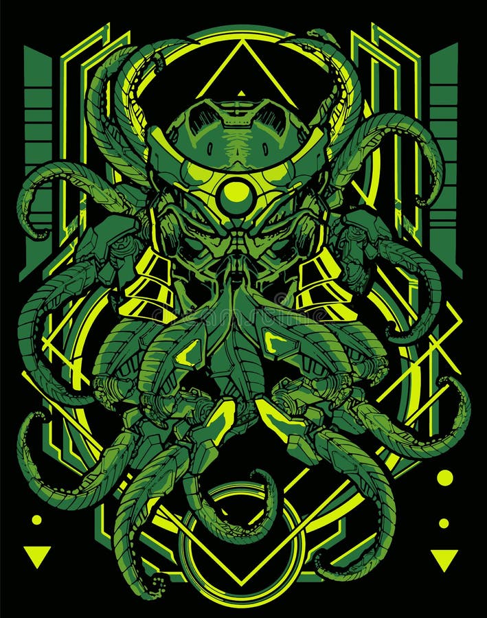 Deep Green light colour Cybernetic octopus monster with vintage sacred geometry background royalty free illustration Deep Green light colour Cybernetic octopus monster with vintage sacred geometry background royalty free illustration