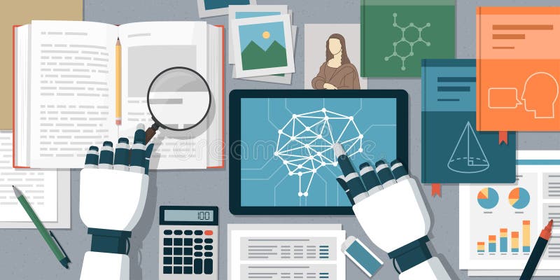 Deep learning: AI robot sitting at the desk and studying stock illustration