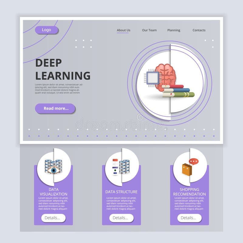 Deep learning flat landing page website template. Data visualization, data structure, shopping recomedation. Web banner. Vector illustration. For website slider, keynote presentation background, brochure design, annual report, company profile.