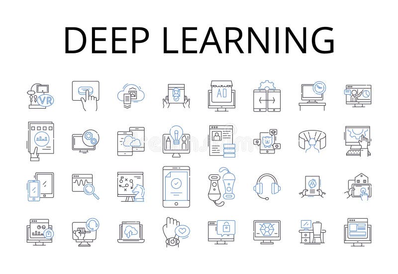 Deep learning line icons collection. Artificial intelligence, Machine learning, Data science, Computer vision, Natural stock illustration