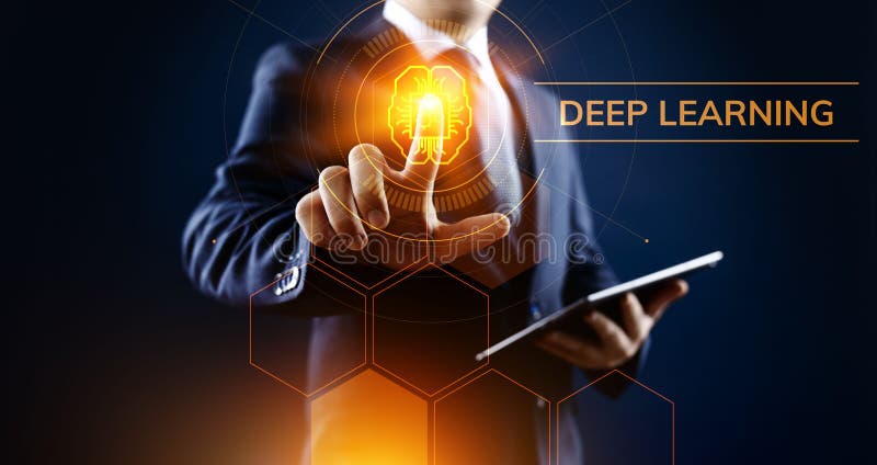 Deep Machine learning artificial intelligence technology concept. Businessman pointing on screen. stock illustration