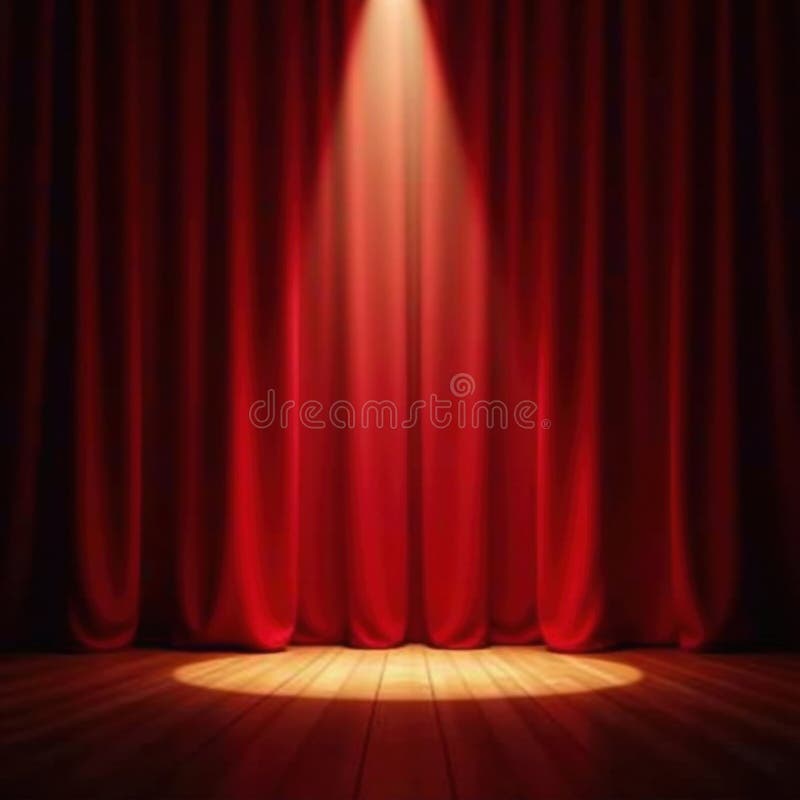 Deep red curtains glow under warm stage lights, creating a dramatic atmosphere , retro, scene, dark royalty free illustration
