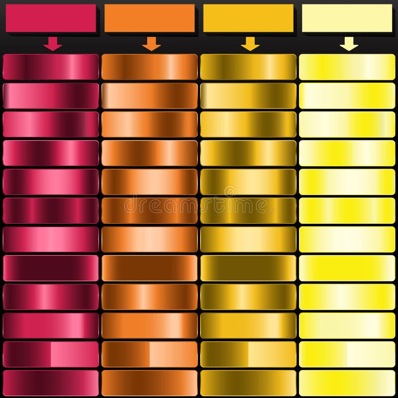 Gradient palette featuring four color columns: deep rose, rust orange, goldenrod, and pale cream. Each column comprises five rectangular swatches, arranged vertically, demonstrating a shimmering effect from darker to lighter shades. The swatches reflect a metallic appearance, enhancing the vibrancy of the hues. At the top of each column, an arrow directs to the corresponding color swatch, indicating the base color of the gradient. The background is black, contrasting with the vivid hues of the swatches. Rust shades vectors
