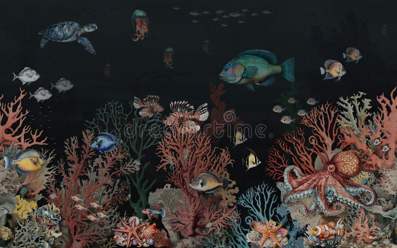 Deep sea wallpaper pattern with coral reefs and colorful fish in the depths of the bay, vintage black background