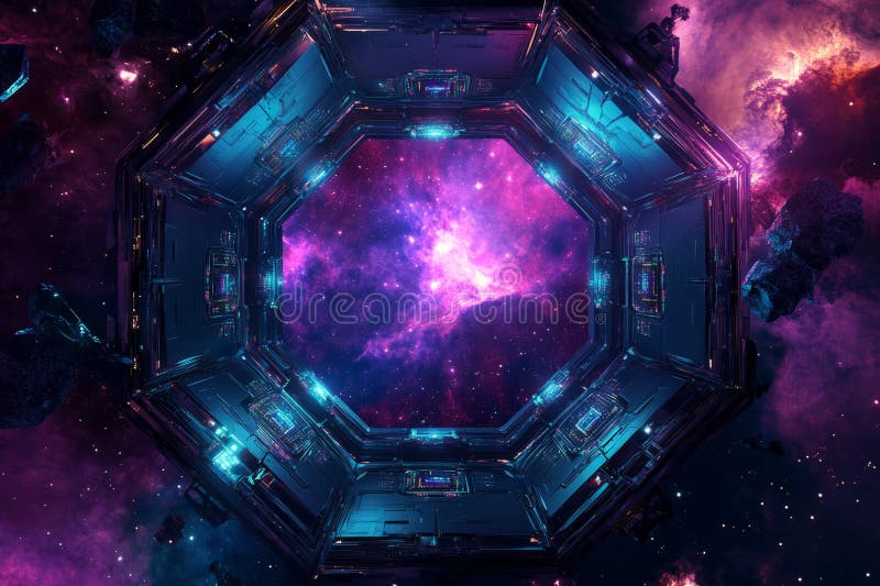 A deep-space exploration module featuring a massive hexagonal observation window overlooking a stock photography