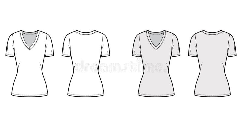 Deep V-neck Jersey T-shirt Technical Fashion Illustration with Short ...