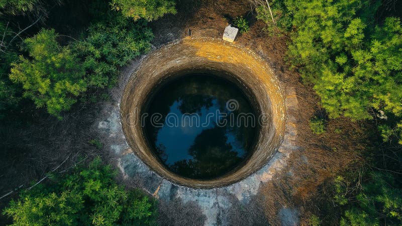 Deep well surrounded by lush greenery reflecting sky above This ancient spring showcases nature beauty and tranquility inviting vector illustration