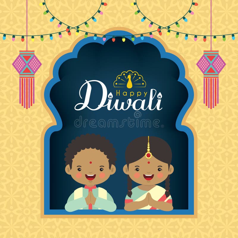 Diwali or Deepavali  greeting illustration. Cute cartoon indian kids with colorful light bulbs and india lanterns. Festival of Lights celebration. Diwali or Deepavali  greeting illustration. Cute cartoon indian kids with colorful light bulbs and india lanterns. Festival of Lights celebration.