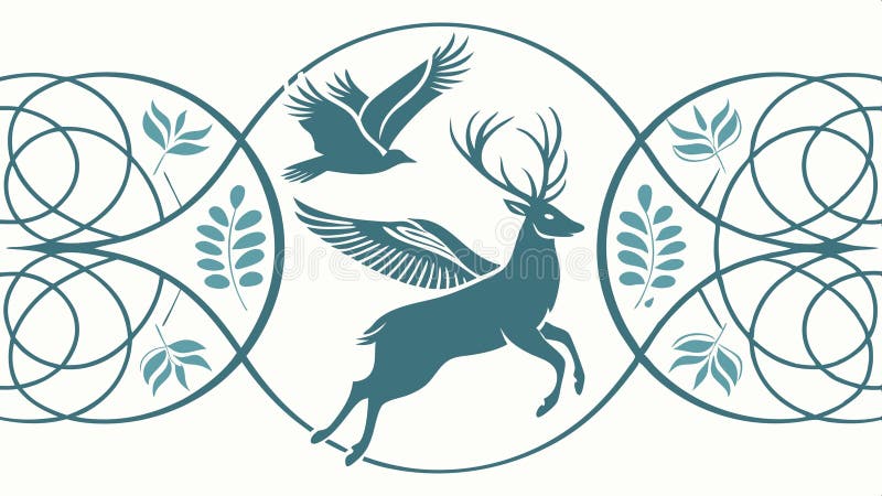 Deer and birds in decorative leafy border element vector design Generative AI stock illustration